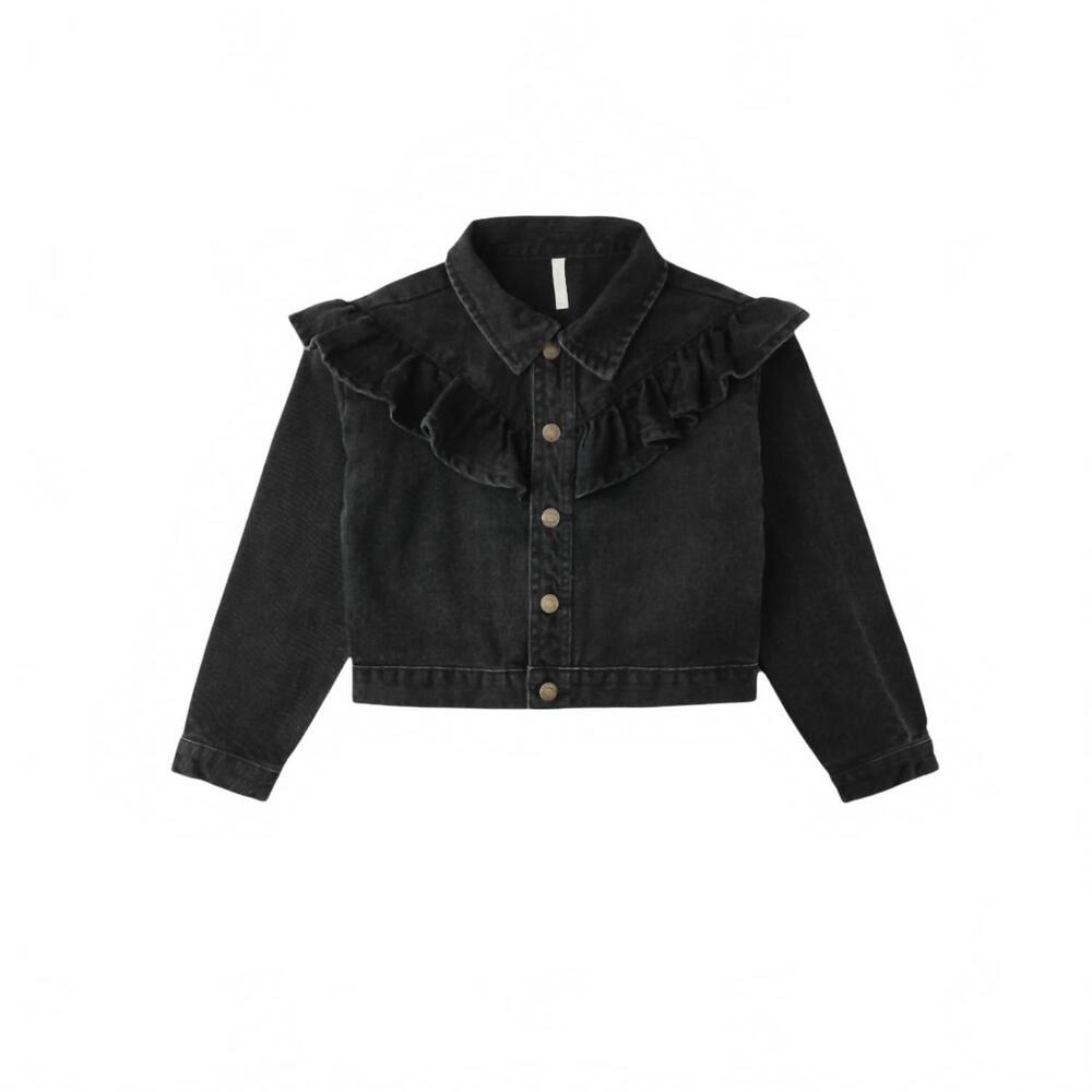 NEW RYLEE + CRU kids ruffle denim jacket in washed black